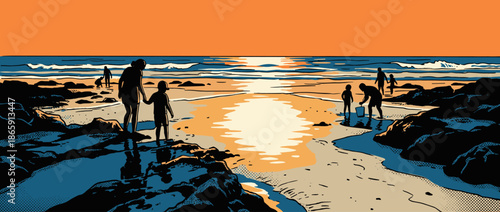 Silhouetted people and children exploring the rocky tide pools of a serene beach during a warm orange sunset in a bold, graphic illustration style