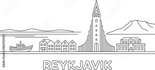 Reykjavik skyline linear sketch icon featuring tall church and natural mountain landscape background