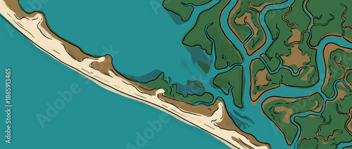 Stylized comic book style illustration of a river delta meeting the ocean with a sandy coastline, seen from a top-down aerial perspective with halftone dot shading