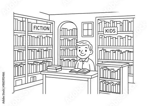 Cozy Bookshop Coloring. Cozy bookshop interior children?s coloring book illustration, outlined drawing, friendly bookstore with tall shelves of neatly arranged