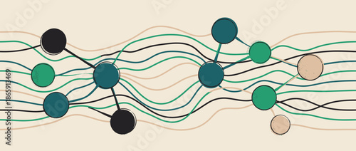 Abstract network of connected nodes and wavy lines in a hand-drawn retro style, illustrating concepts of data flow, communication, and complex interconnected systems