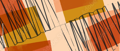 Abstract artistic composition with hand drawn lines and geometric shapes in warm earthy tones, a modern creative illustration with halftone texture and expressive scribbles