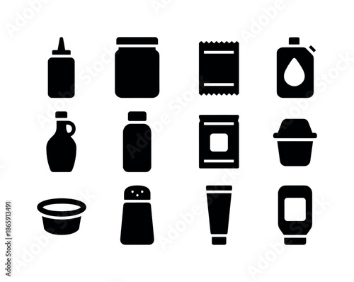 Condiment Icon Set. Condiment packaging. Solid icon set of Condiment packaging: squeeze bottle, glass jar, small packet, ketchup pouch, oil bottle, spice jar,