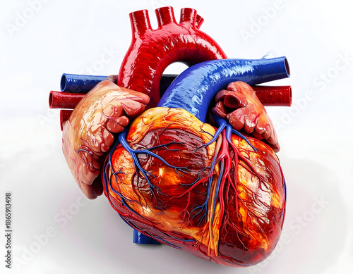 Detailed close-up image of a healthy human heart. Arteries and veins are visible, showcasing the intricate system