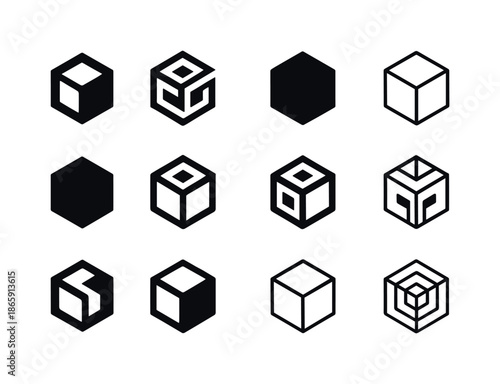Geometric Cube Icon Set. Reality. Icon set. Set Logo of Reality: geometric cube. harmonious logo variations of the same emblematic concept, each with different