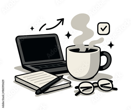 Cozy Coffee Workspace. Cozy home desk coffee setup. A laptop, notebook, and glasses surround a freshly brewed mug, steam forming soft abstract shapes above.