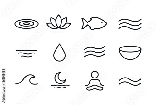 Meditative Water Icons. Meditative water. Line icon set of meditative water: ripple ring, floating lotus, fish silhouette, calm wave, reflection line, droplet,