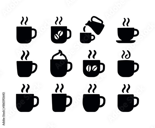 Steaming Coffee Icons. Coffee Cup Steaming. Solid icon set of Coffee Cup Steaming: hot mug, rising steam, coffee beans, kettle pour, espresso cup, heat waves,