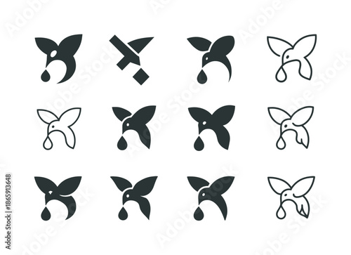 Animal Feeding Icons. Animal feeding habits. Icon set. Set Logo of animal feeding habits: nectarivore flower drop. harmonious logo variations of the same