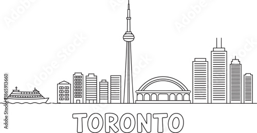 Toronto skyline outline icon with cn tower rogers centre and skyscraper buildings illustration