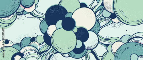 Abstract hand-drawn illustration of organic circles and flowing lines in a cool-toned color palette with stippled texture, creating a whimsical and serene panoramic composition