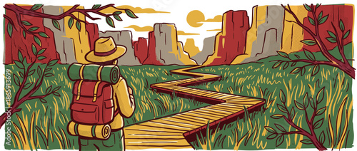 Hiker with a large backpack and hat begins a journey on a winding wooden path through a scenic canyon in a retro comic book style illustration