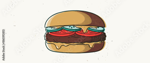 Retro style illustrated cheeseburger with a beef patty, melted cheese, tomatoes, and pickles in a pop art comic book style with halftone shading