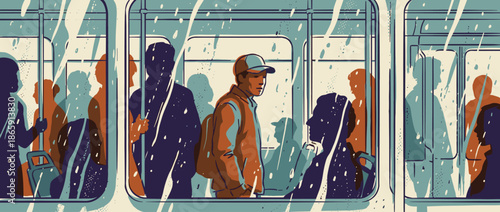 Stylized graphic illustration of a pensive man commuting on a crowded train during a rainy day, surrounded by silhouettes of other passengers in a somber urban scene