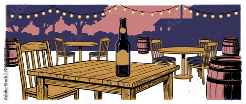 Capped beer bottle with a blank label stands on a wooden table at an outdoor brewery patio at dusk in a stylized graphic illustration with festive string lights overhead