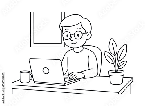 Home Office Coloring. Work-from-home setup children?s coloring book illustration, outlined drawing, adult at a tidy desk with a laptop, coffee mug, and simple