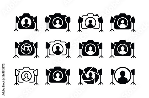 Studio Portrait Logo Collection. Taking portraits in a studio. Icon set. Set Logo of Taking portraits in a studio: shutter button. harmonious logo variations