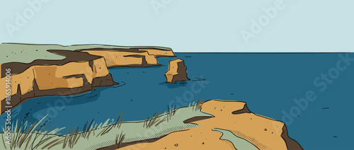 Hand-drawn illustration of a rocky coastline with steep cliffs and a sea stack standing in calm blue water, rendered in a graphic novel style with bold outlines and a serene palette