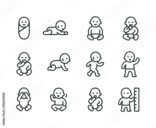 Baby Development Icons. Baby development. Line icon set of baby development: newborn, tummy time, sitting up, teething, crawling, standing, walking, first