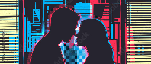Graphic illustration of a couple's silhouettes in profile, about to kiss in a dramatic pop art style with a vibrant cityscape seen through window blinds