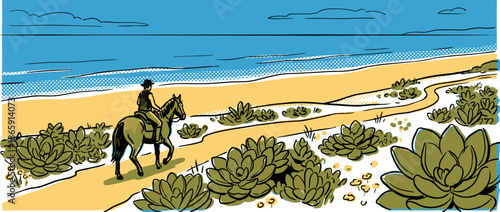 Person riding a horse on a sandy coastal trail with succulent plants, depicted in a graphic, hand-drawn comic book style with a view of the calm blue sea