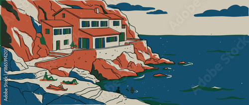 Graphic illustration of a Mediterranean villa nestled in red cliffs by the ocean, depicting a serene summer holiday scene with people relaxing by the water