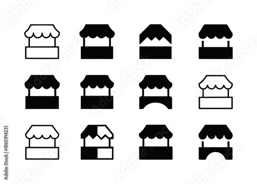 Sunday Market Icons. Sunday market mornings. Icon set. Set Logo of Sunday market mornings: outdoor market stalls. harmonious logo variations of the same