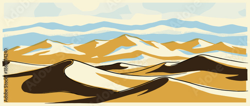 Stylized desert landscape illustration with golden sand dunes and distant mountains in a minimalist graphic style with a limited color palette and halftone texture for a retro feel