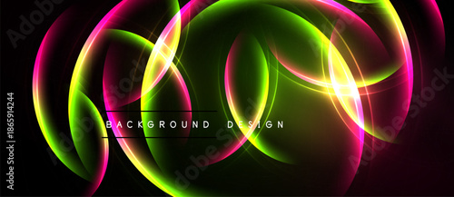 Abstract vibrant neon lines form flowing shapes. Dark background enhances glowing colors, creating dynamic visual effect.