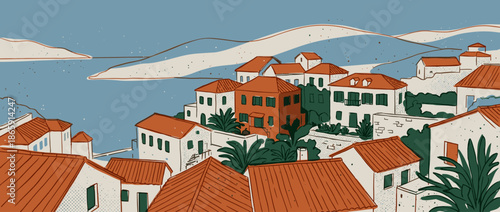 Charming coastal village illustration with terracotta roofs and white houses nestled on a scenic hillside overlooking a calm blue sea under a clear sky