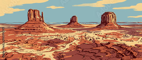 Graphic illustration of a desert landscape with iconic sandstone buttes and a winding road, rendered in a retro comic book style with a limited color palette and halftone textures
