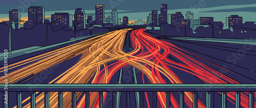 Busy urban highway with light trails from traffic at night, depicted in a dynamic comic book style illustration with a metropolitan city skyline