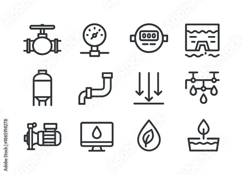 Water Management Icons. Water management. Line icon set of Water management: control valve, pressure gauge, water meter, reservoir, storage tank, pipeline,