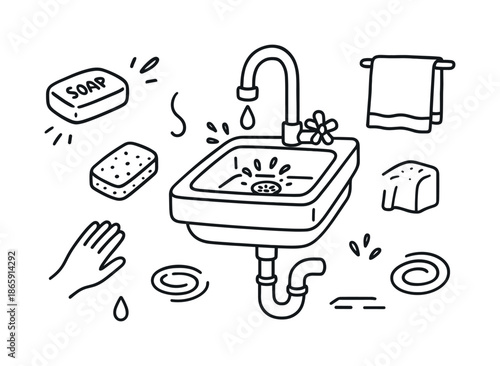 Sink Doodle Illustration. Sink. Hand-drawn doodle illustration Sink single bowl, faucet twist, water drop, soap bar, sponge pad, countertop line, splash