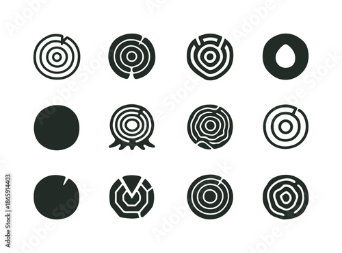 Trunk Logo Variations. Trunk. Icon set. Set Logo of Trunk: tree stump cross-section. harmonious logo variations of the same emblematic concept, each with