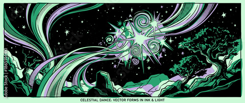 Vibrant cosmic explosion with swirling lights illuminates a mystical night sky over a silhouetted landscape with ancient trees in a graphic comic book art style
