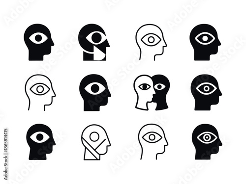 Cognitive Therapy Icons. Cognitive therapy. Icon set. Set Logo of cognitive therapy: mindfulness gaze. harmonious logo variations of the same emblematic