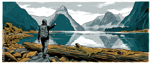 Graphic illustration of a lone hiker with a backpack pointing at majestic mountains across a calm inlet from a rocky shore in a comic book art style