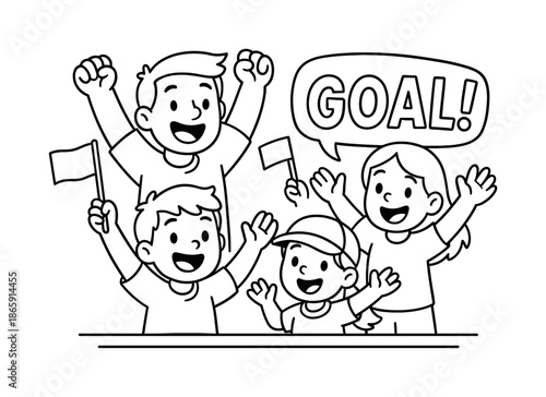 Cheering Fans Coloring Page. Fans cheering children?s coloring book illustration, outlined drawing, friendly spectators waving simple flags as the team scores,