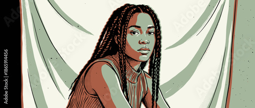 Strong and serene young woman with long box braids in a stylish portrait illustration, featuring bold lines, halftone shading, and a modern, minimalist color palette