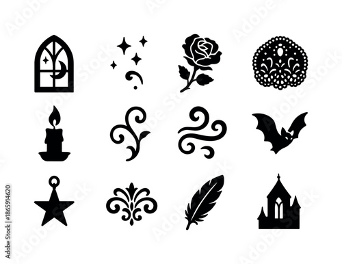 Whimsigoth Icon Set. Whimsigoth vibes. Solid icon set of Whimsigoth vibes: moonlit window, floating sparkles, blooming shadow rose, delicate lace piece, soft