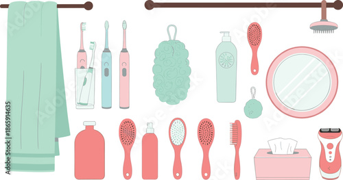 Bathroom accessories vector set with hygiene and personal care items towels brushes bottles and mirror isolated