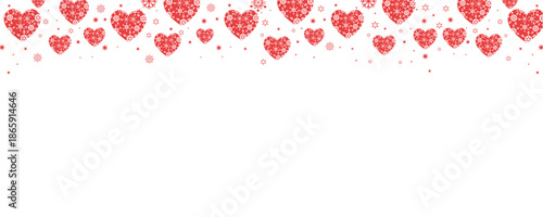 Vibrant seamless horizontal border of pink and red hearts with sparkling snowflakes and stars on transparent background. Perfect for Valentine's Day, romantic designs, love cards, invitations.