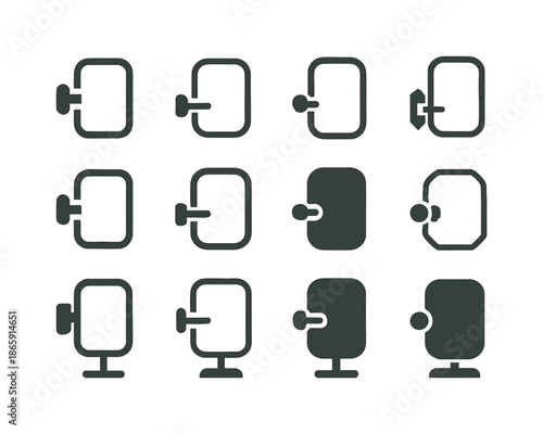 Bathroom Mirror Icons. Adding a new mirror in the bathroom. Icon set. Set Logo of adding a new mirror in the bathroom: adjustable mirror hinge. harmonious logo