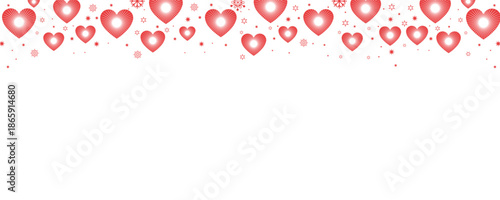 Vibrant seamless horizontal border of pink and red hearts with sparkling snowflakes and stars on transparent background. Perfect for Valentine's Day, romantic designs, love cards, invitations.