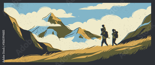 Silhouetted family with a child hiking on a mountain trail in a beautiful scenic landscape, depicted in a retro graphic illustration style with a limited color palette