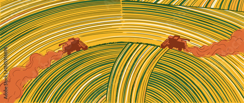 Two stylized combine harvesters are shown from an aerial perspective, reaping a crop in a vibrant, graphic illustration of a large, contoured agricultural field