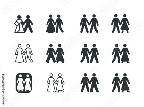 Candid Wedding Icons. Candid wedding moments and emotions. Icon set. Set Logo of candid wedding moments and emotions: hand-in-hand walk. harmonious logo