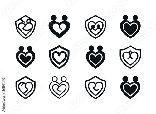 Family Support Logos. Supporting each other in family crises. Icon set. Set Logo of Supporting each other in family crises: heart shield. harmonious logo
