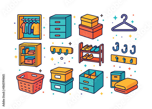 Colorful Storage Icons. Storage solutions. Colorful isometric vector icons set of storage solutions: open closet, drawers, boxes, hangers, shelves, hooks, shoe